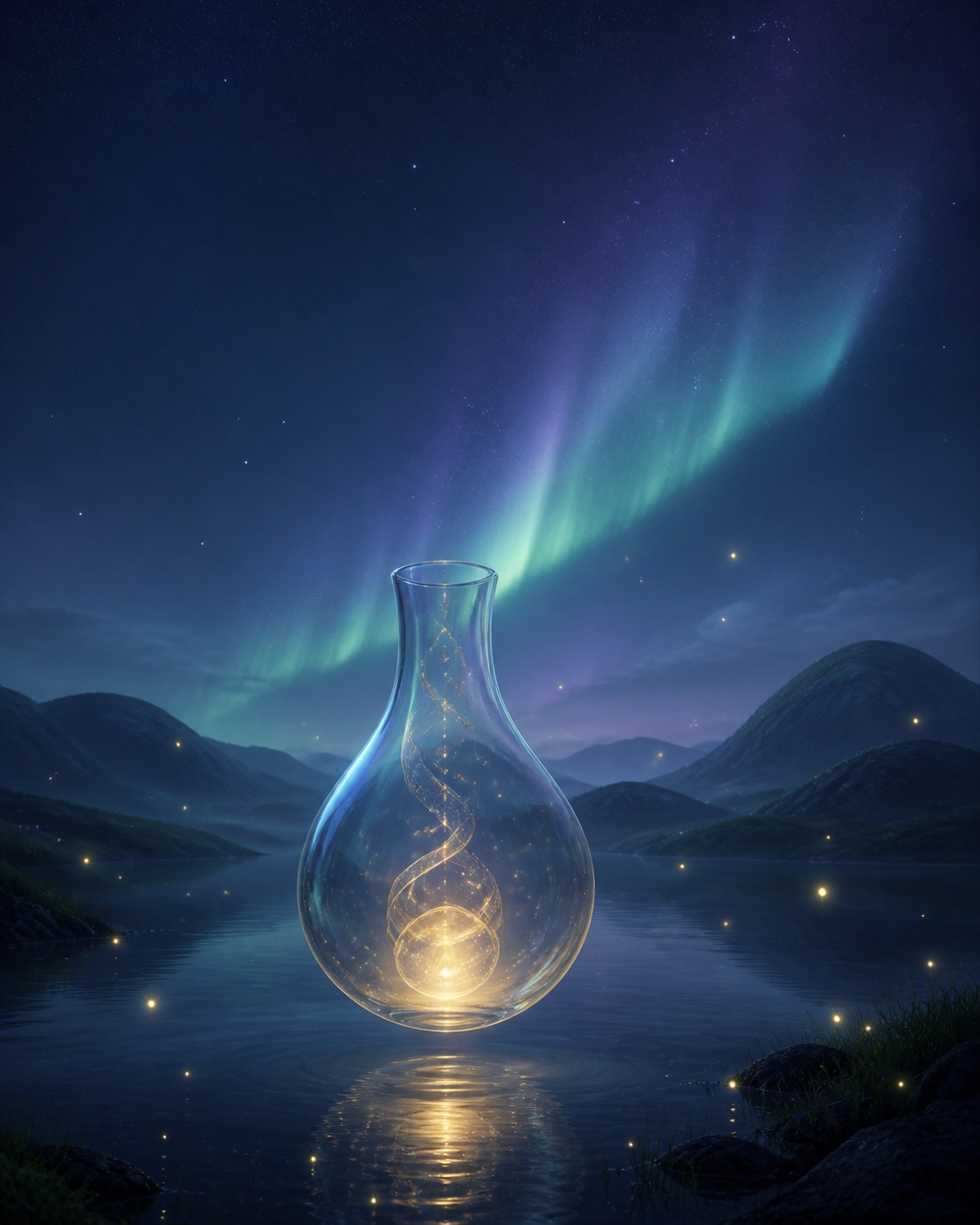 夜色湖面上的发光玻璃容器